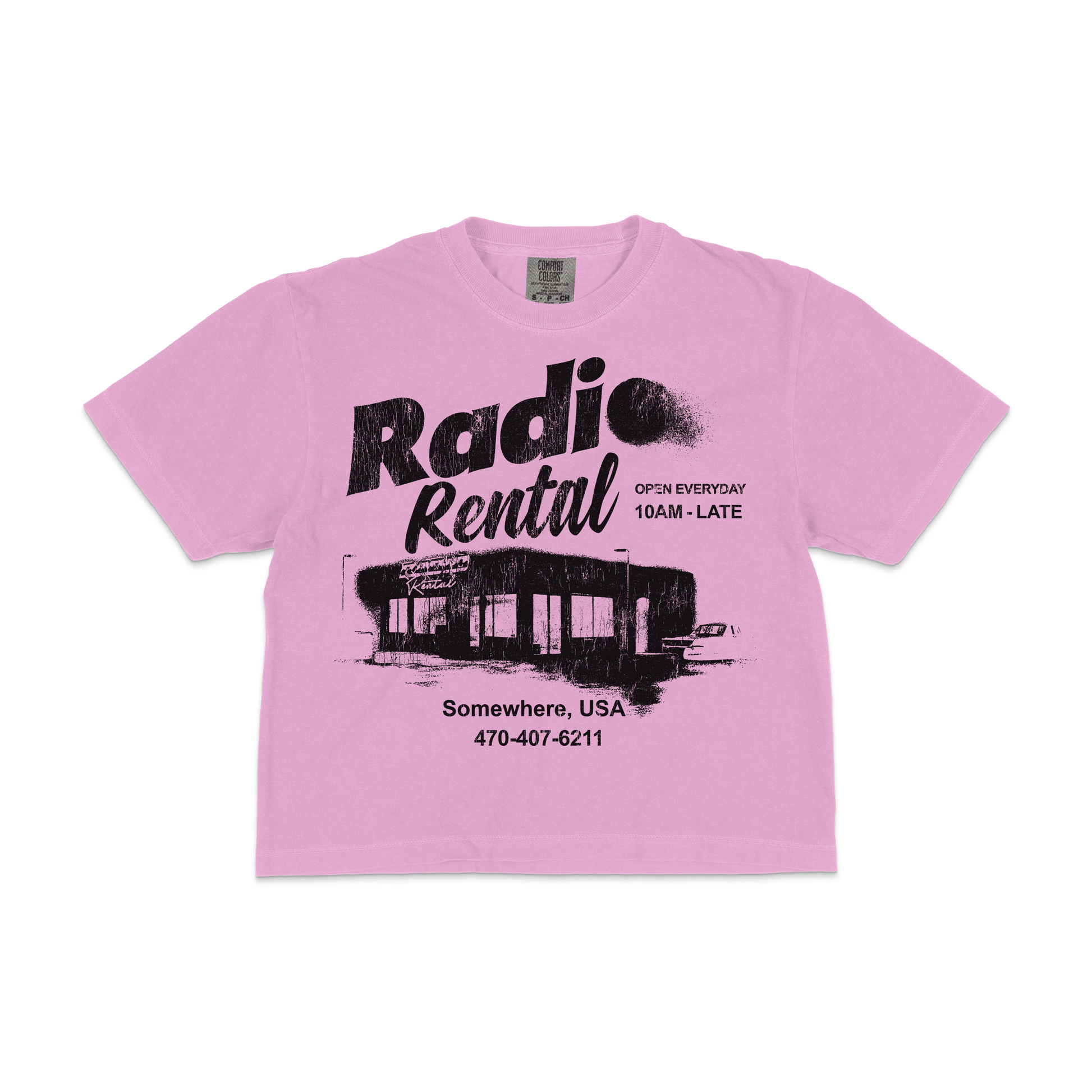 Pink t-shirt with black text and graphic on a white background